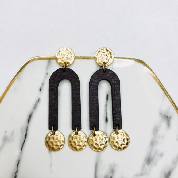 Ornamental Stone Jewelry - Sophia Hammered Brass & Wood Dangle Earrings